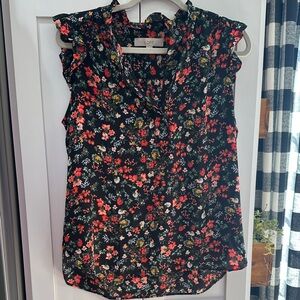 LOFT Floral Ruffle Sleeve Blouse - Black and Red